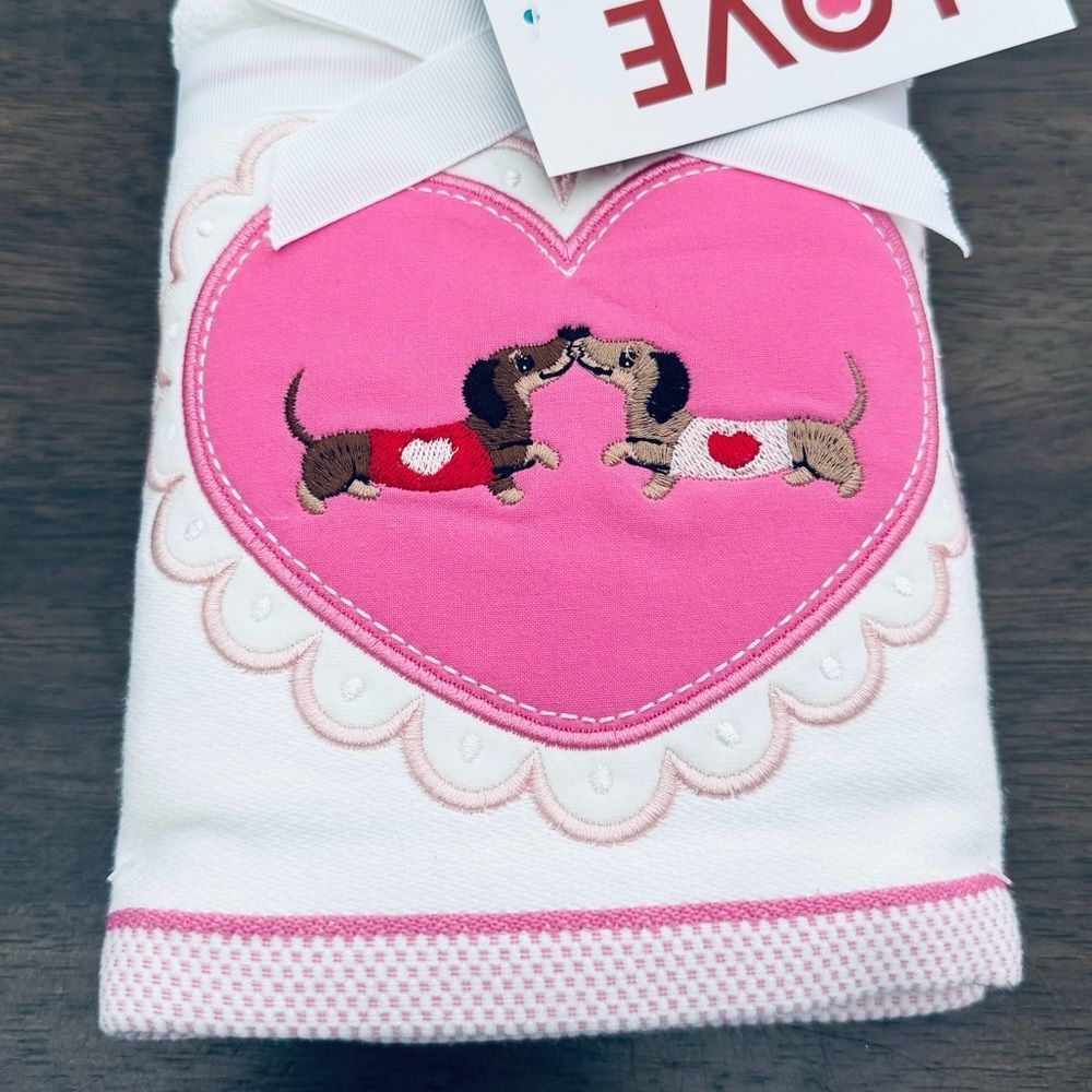Pink Valentine Dachshund Dog Heart Embroidered Hand Towels Set